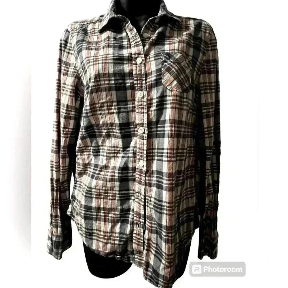 American Eagle Outfitters Women's "Favorite Fit" Wht/Blue/Red Plaid Top Sz M